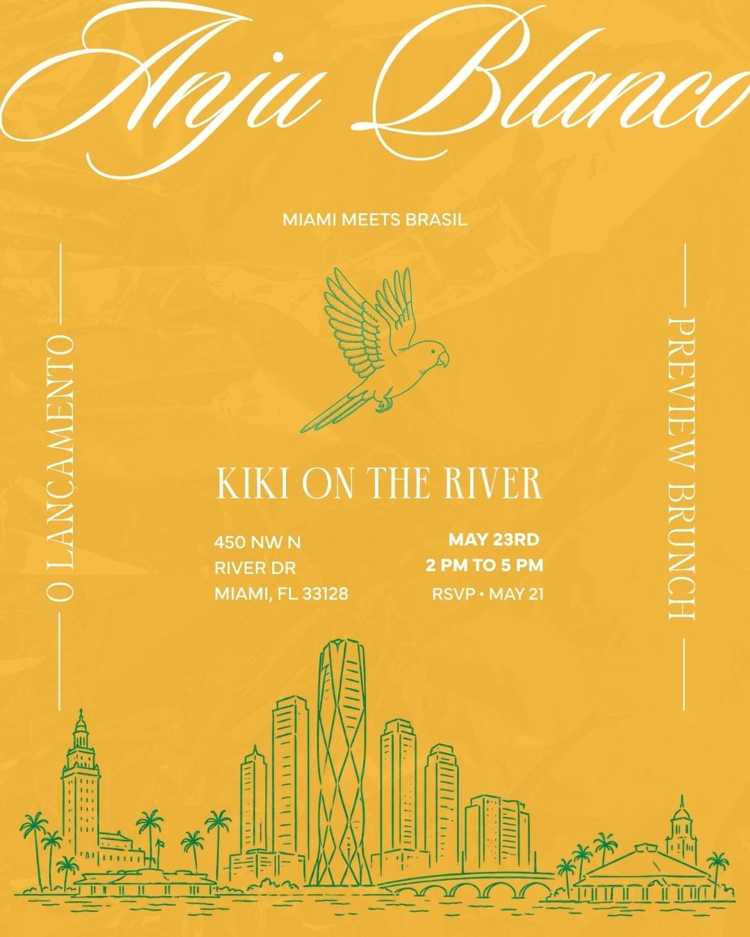 Yellow Anju Blanco invitation reading Miami meets Brazil