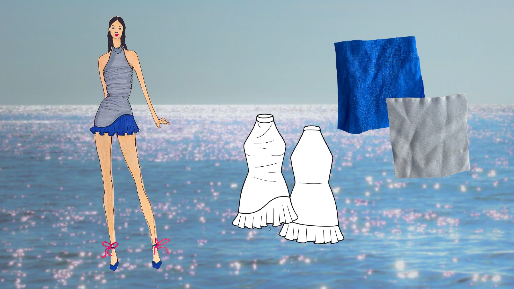 Proposed resort dress with fabric references and technical flats