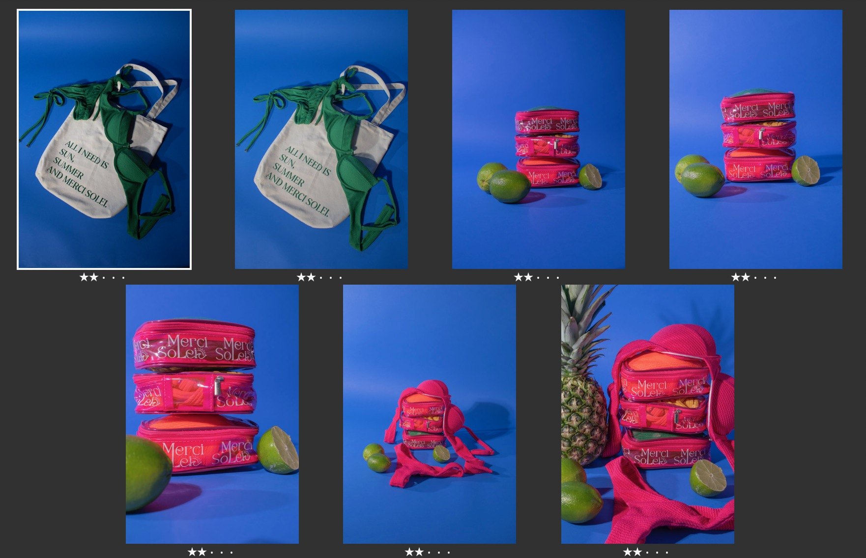 Merci Solei · Product photography selection contact sheet